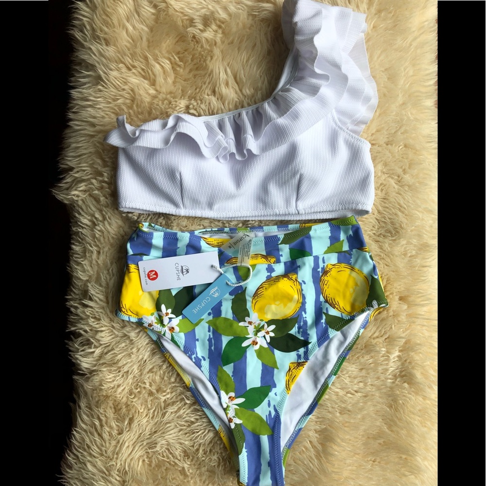 Cupshe bikini white ruffle one shoulder lemon NWT